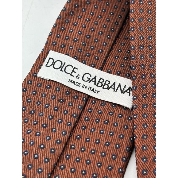 Dolce & Gabbana Made in Italy Men's Silk Neck Tie Orange w/ Navy Stitched Dots - Picture 4 of 6